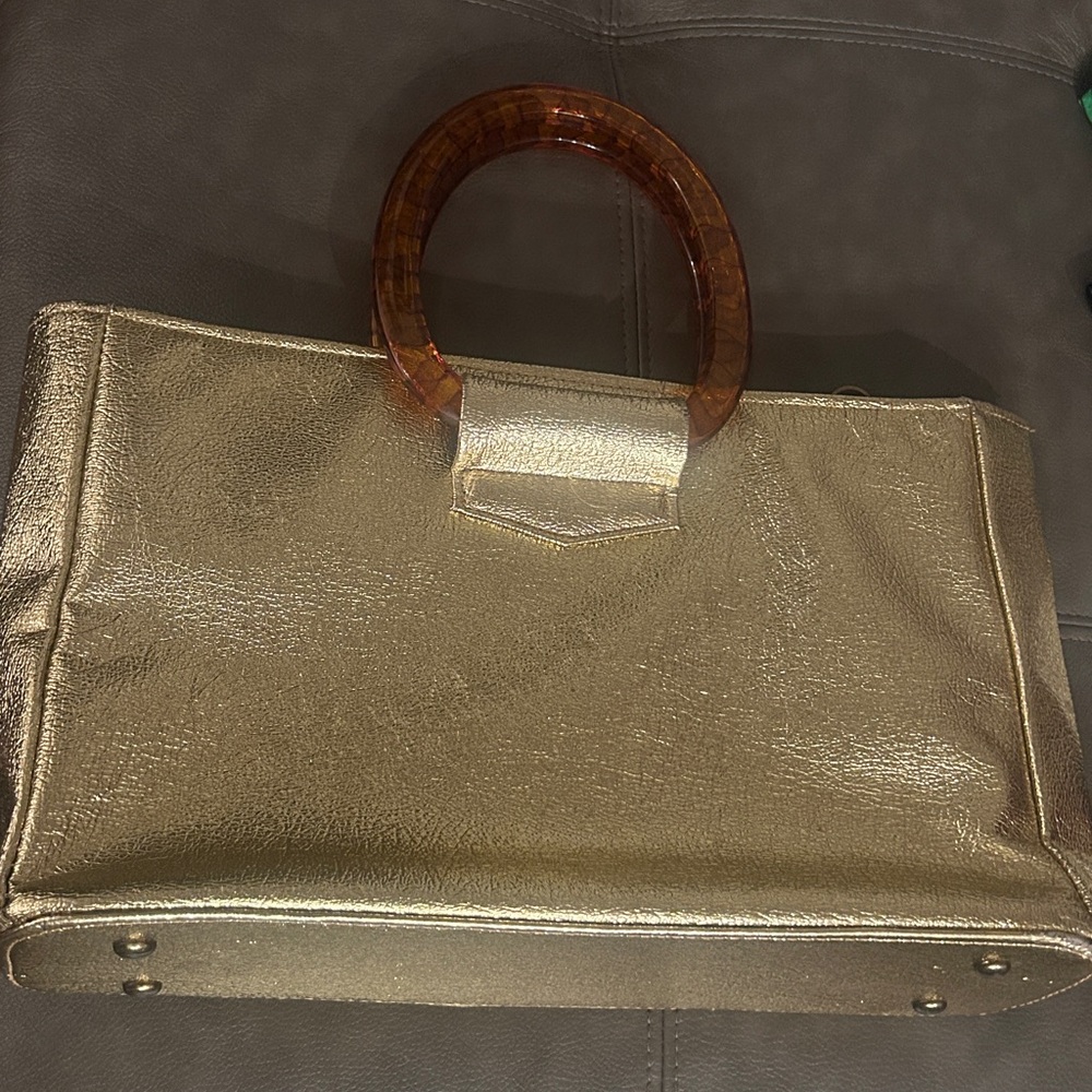 VTG 60s JR Florida USA Gold Lame Tote Tortoise Lucite Double Ring Handles 14X4X9